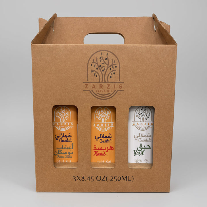 Trio of Infused Organic Olive Oils – Tuscan Herbs + Harissa + Basil (3 × 250 ml)